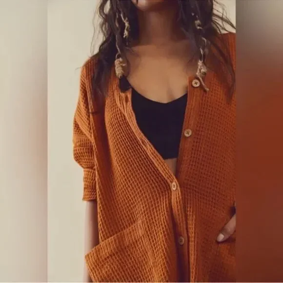 Free People Waffle Knit Oversized Cardi Tunic Copper, Large (B8) - Picture 2 of 8